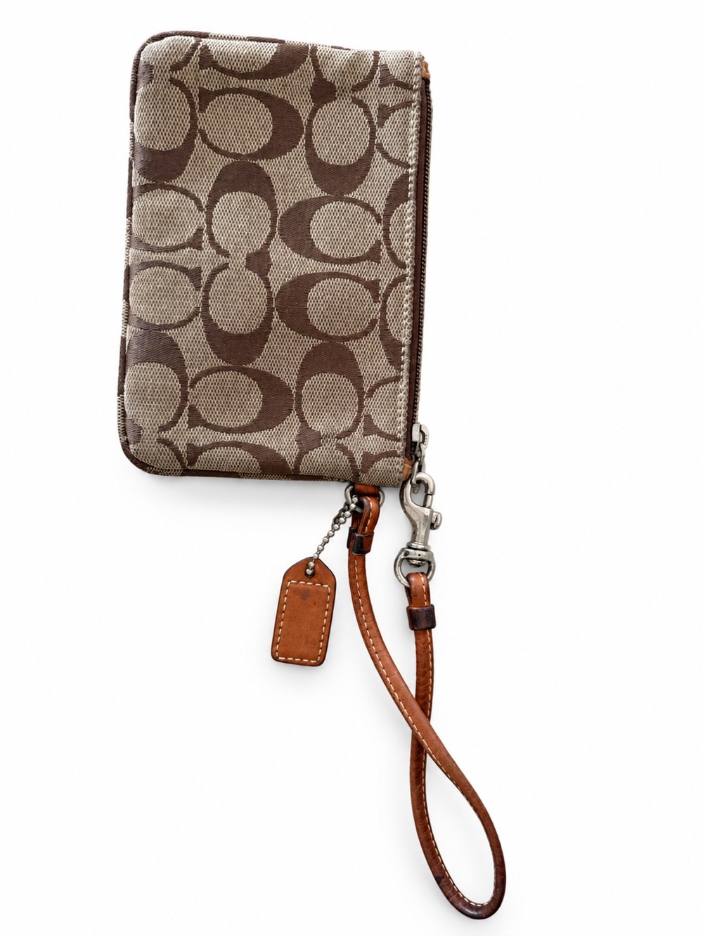 Coach Signature Canvas Wristlet Phone Case in Brown and Tan